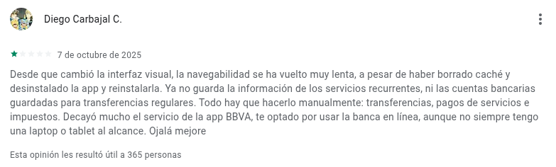 Opinión de Diego Carbajal sobre la nueva app de BBVA Bancomer. Captura de PlayStore