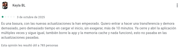 Opinión de Kayla BL sobre la nueva app de BBVA Bancomer. Captura de PlayStore